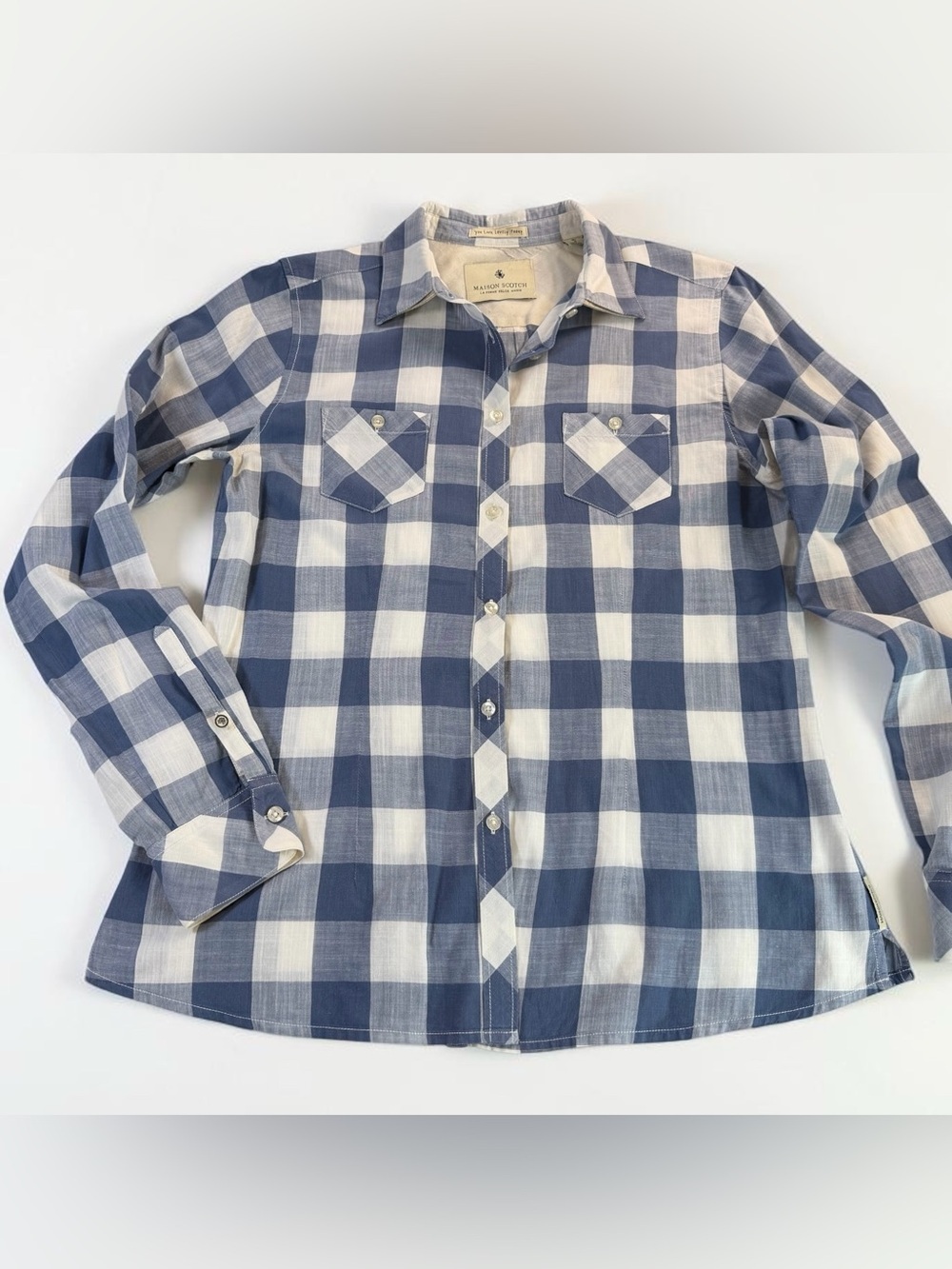 Maison Scotch Blue and Cream Buffalo Check Button Down with Contrasting Collar